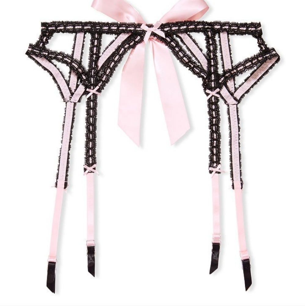 Victoria's Secret Black Lace & Light Pink Satin Garter Belt